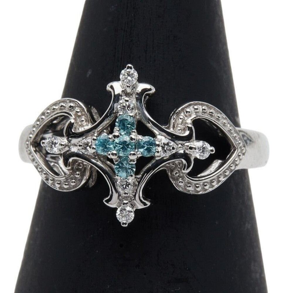 Unbranded Cross Heart Paraiba Tourmaline Diamond 18K White Gold Ring Silver